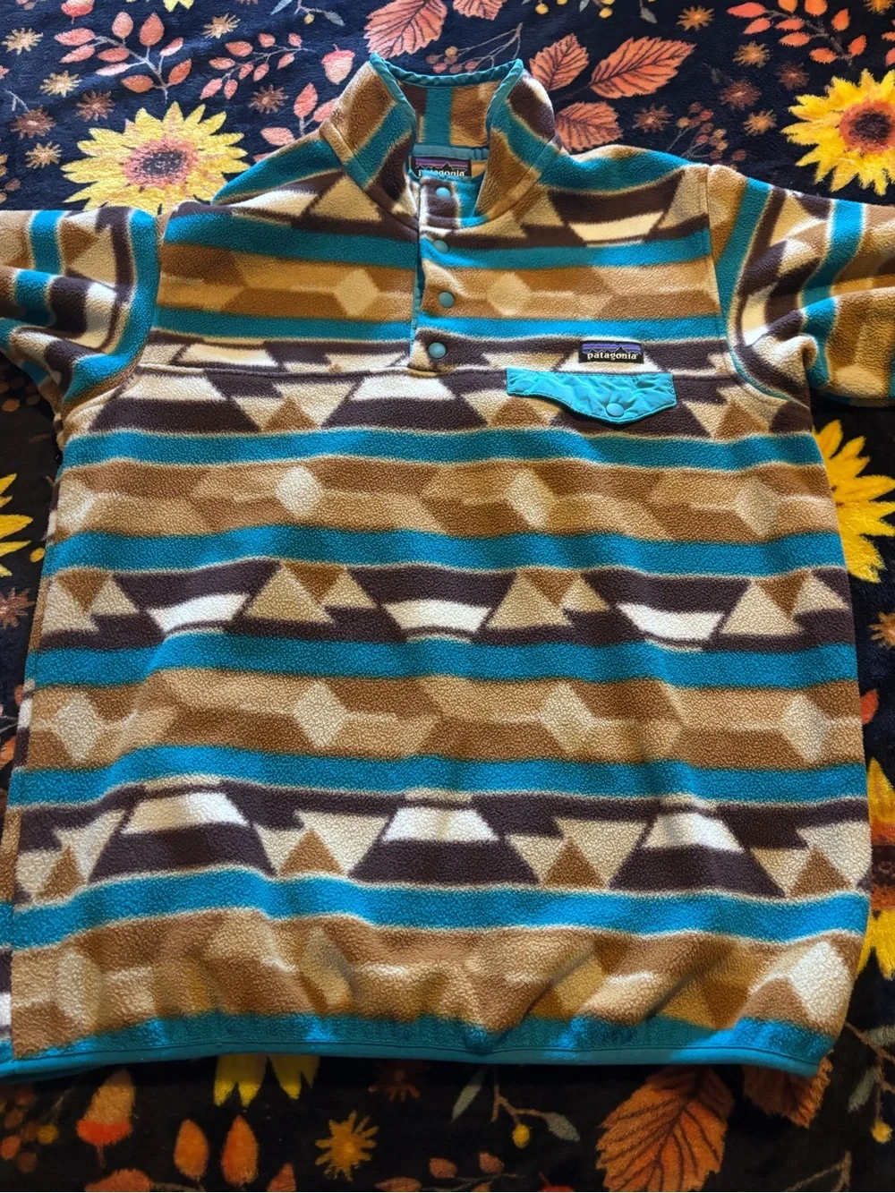 Patagonia Teal, Brown & Cream Geometric Kids Fleece Pullover - Picture 1 of 6